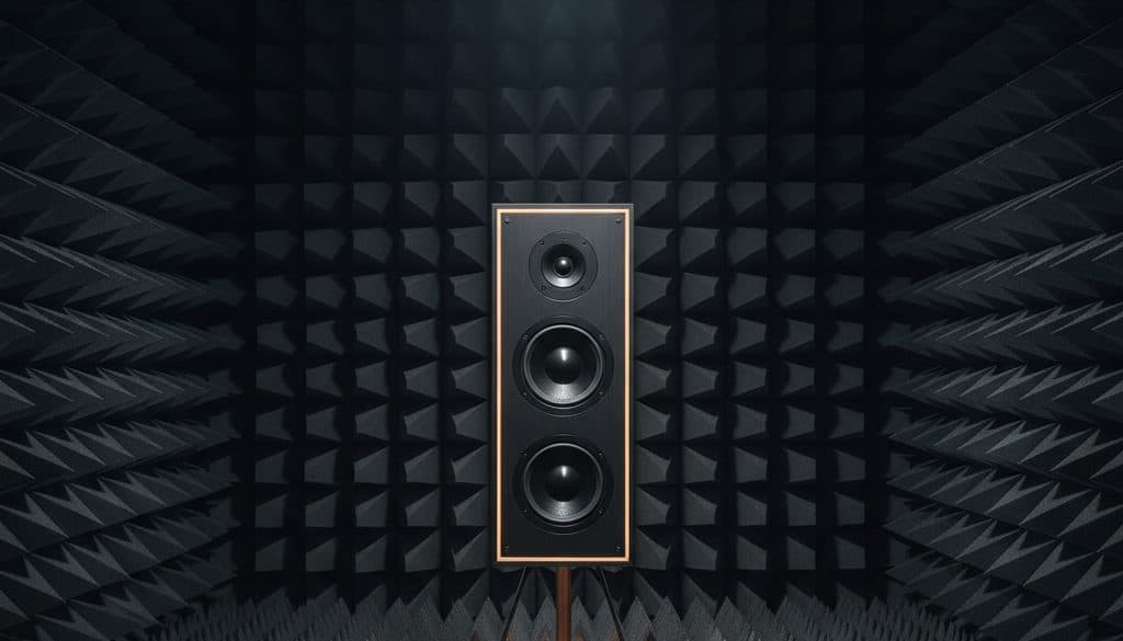 Anechoic acoustic chamber, dark foam wedges and a single speaker on a tripod.