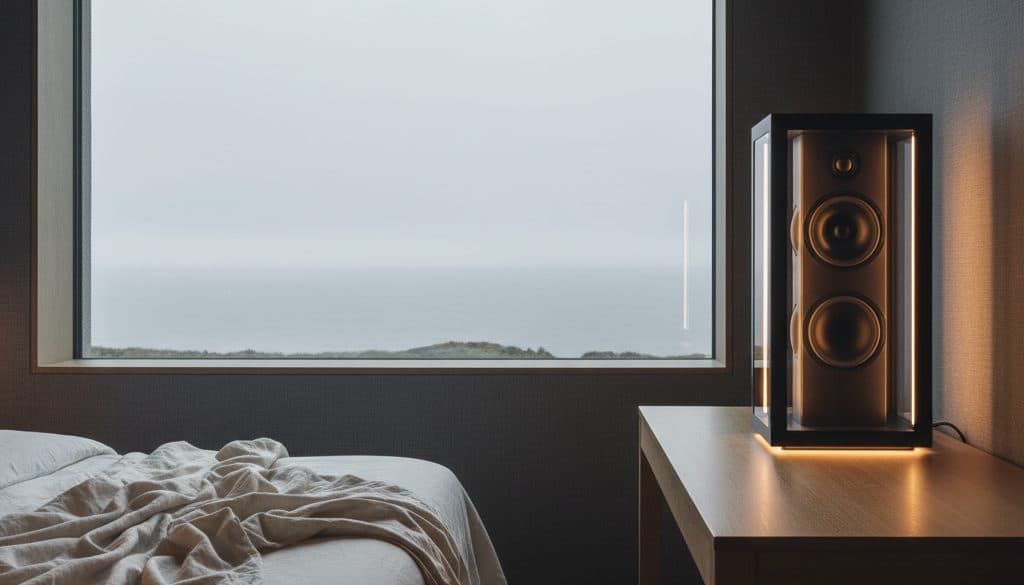 Minimalist hotel suite with AUREN Cinema.