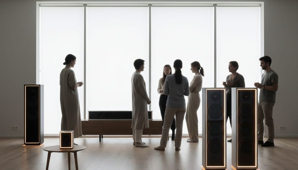 A team of designers and engineers seen as silhouettes against a large window in a Scandinavian studio.
