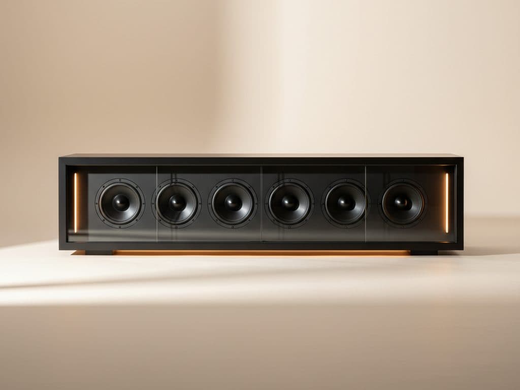 AUREN Cinema soundbar in Obsidian, shot at low angle under a wall-mounted screen.